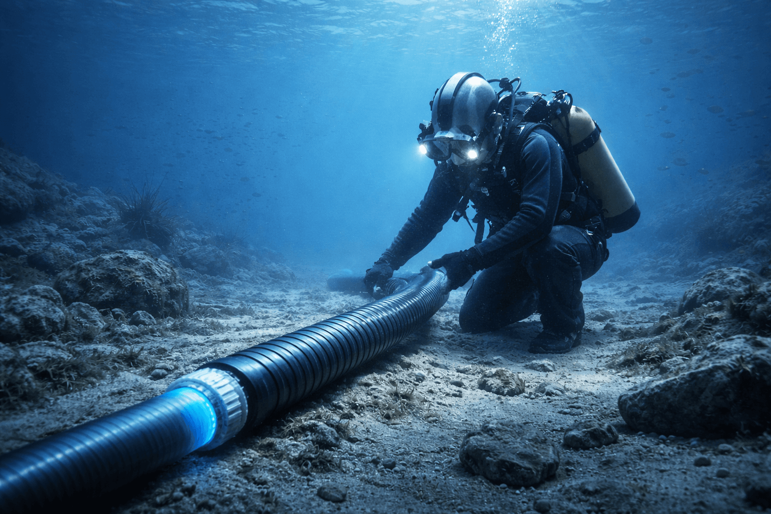 Optical fiber cable being installed under the sea by a diver