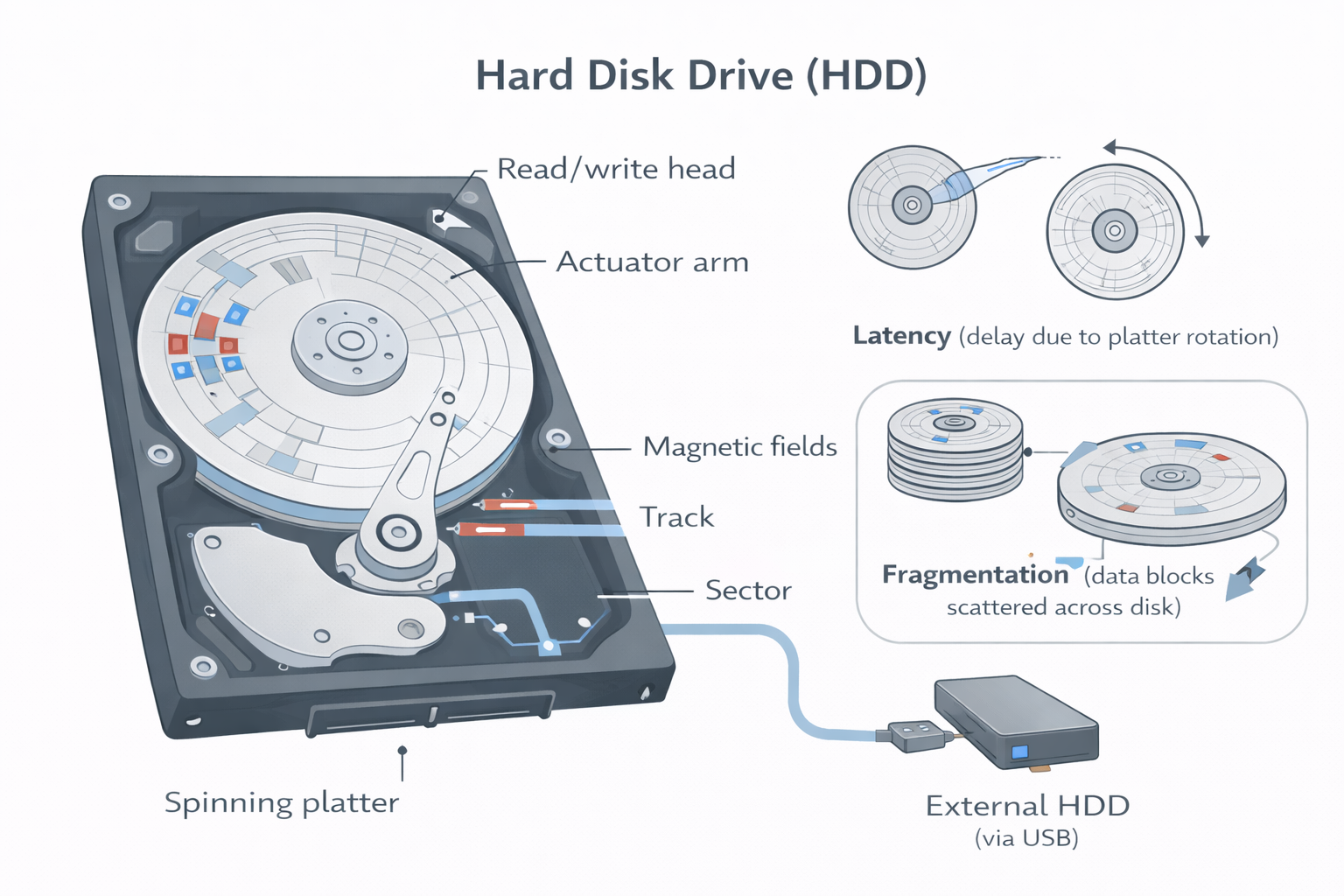 Diagram showing the internal structure of a Hard Disk Drive (HDD)