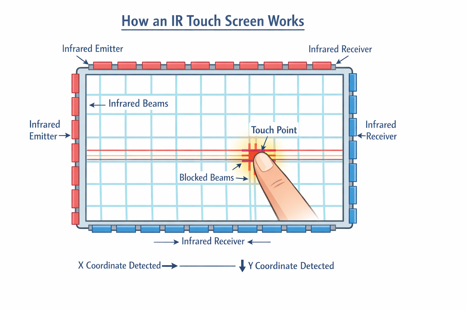 Diagram showing infrared laser beams and sensors in a touch screen