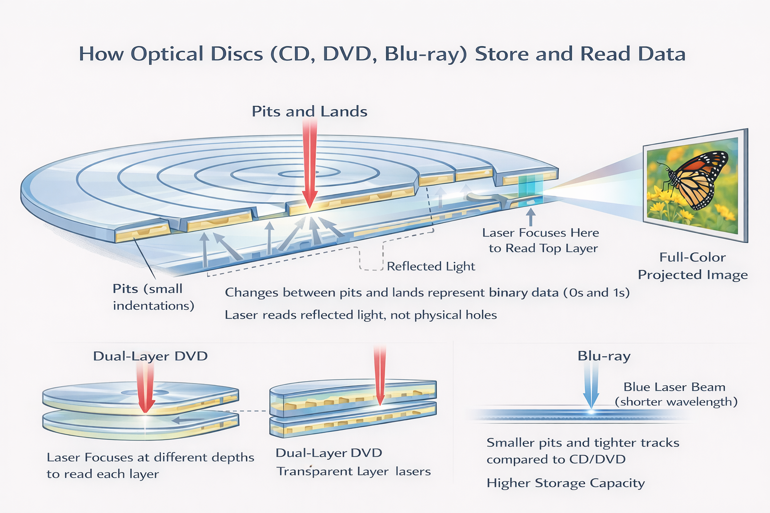 Diagram showing different types of optical storage disks: CD, DVD, and Blu-ray