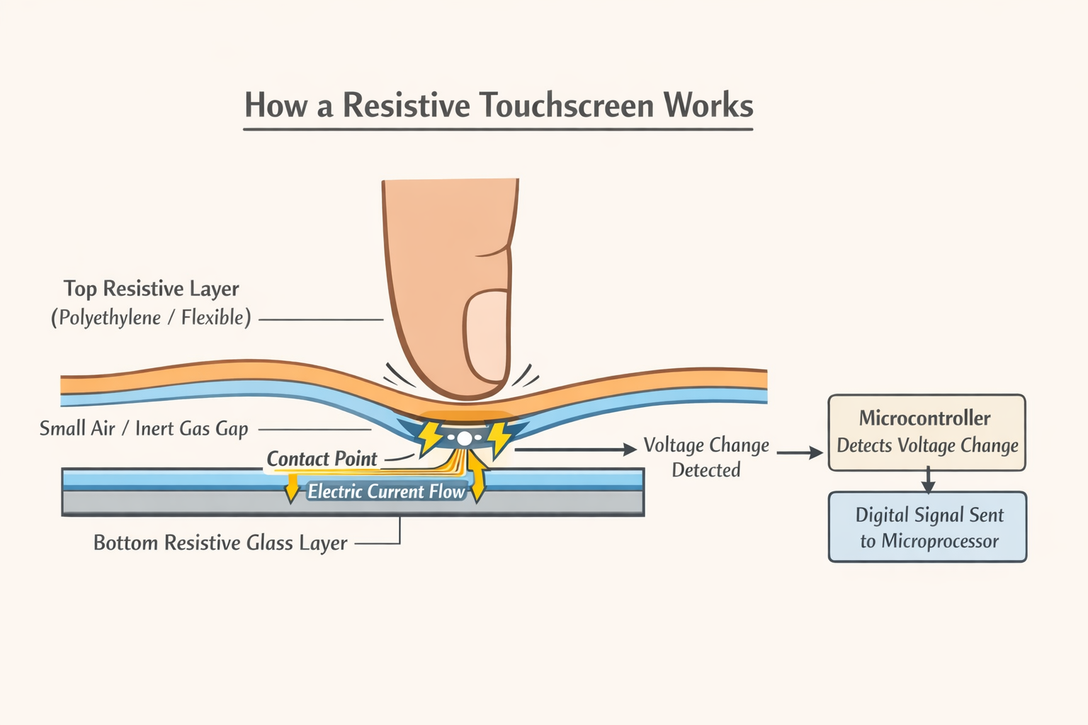 Diagram showing how resistive touchscreen works with two resistive layers