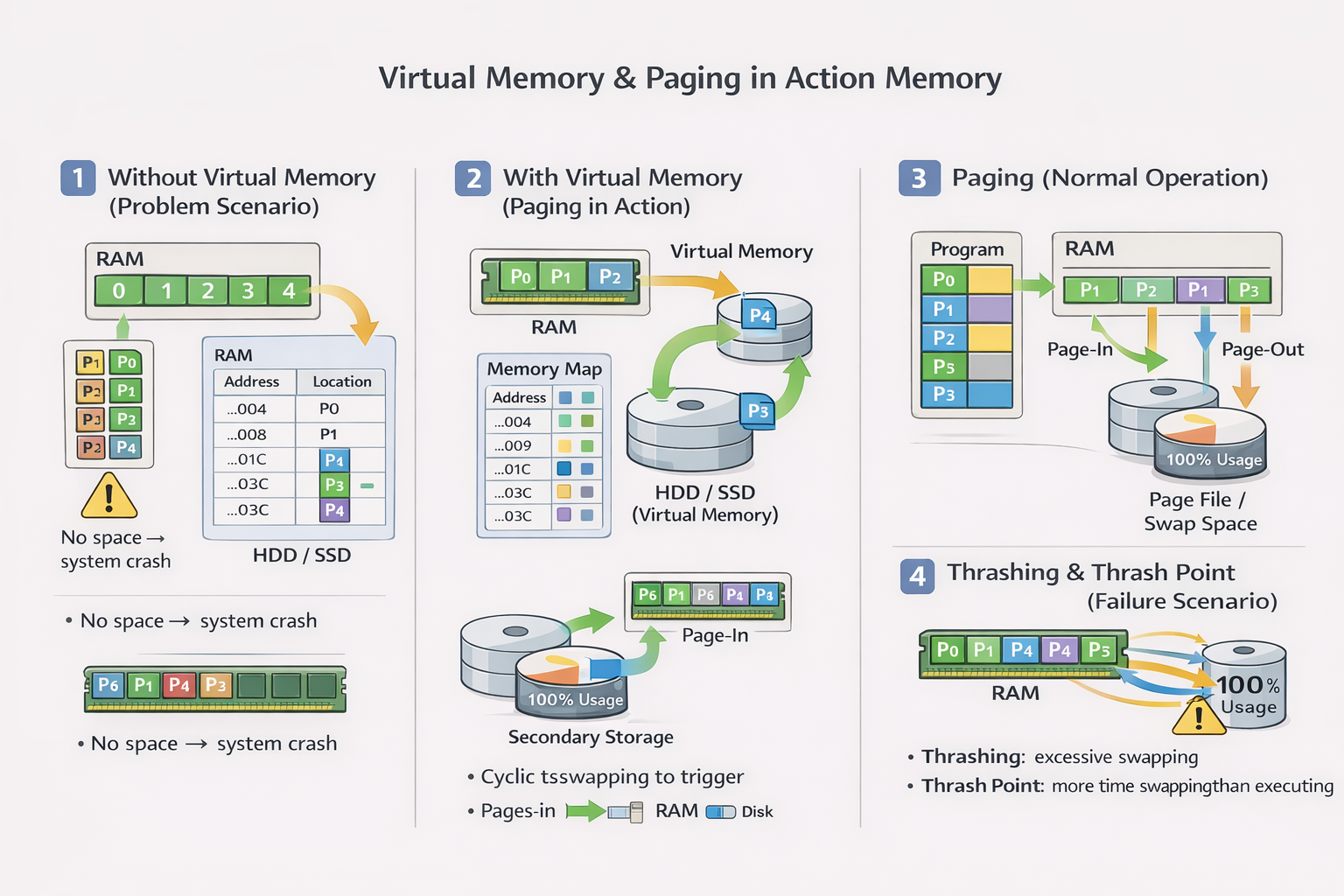 Diagram showing virtual memory and paging process with pages and frames