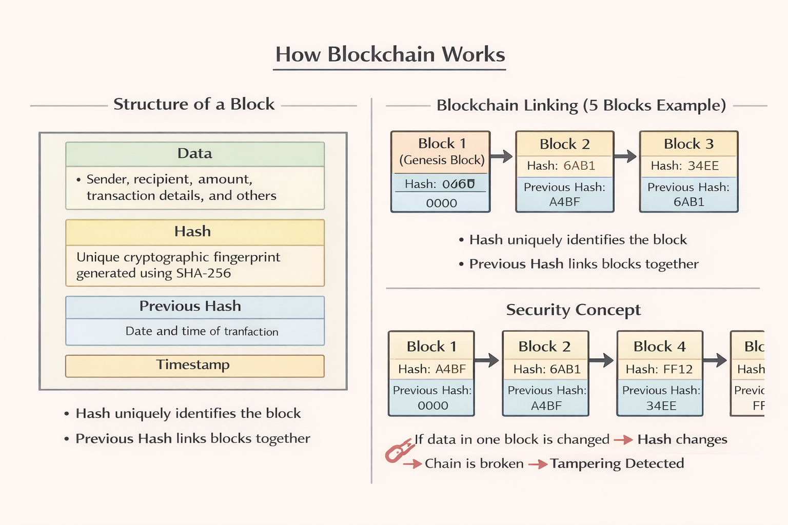 Diagram showing how blockchain works with nodes, blocks, and transactions