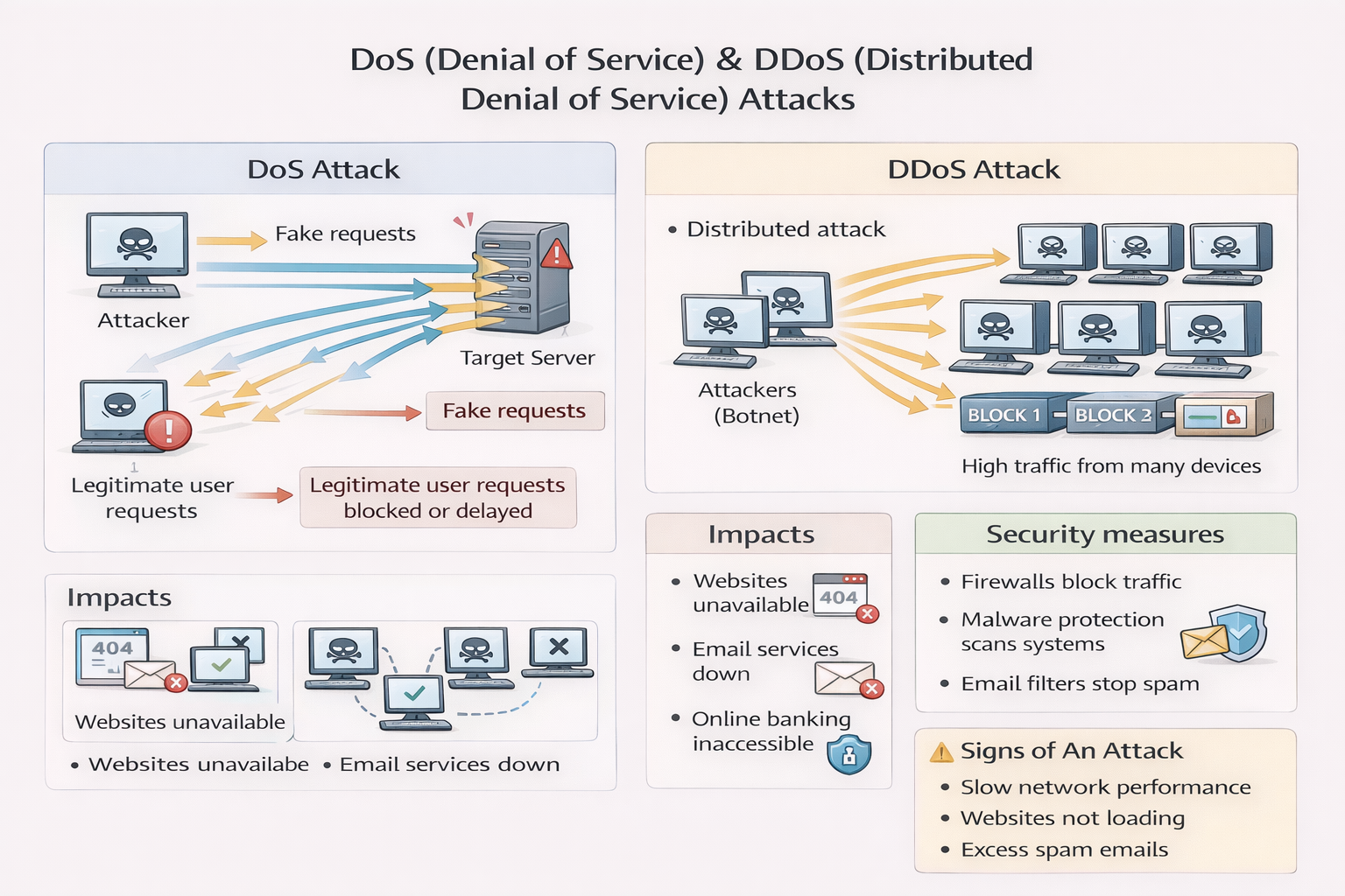 Diagram explaining DoS and DDoS attacks